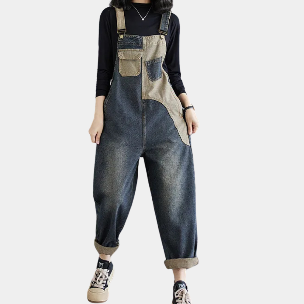 LOU - Vintage denim patchwork tuinbroek voor dames