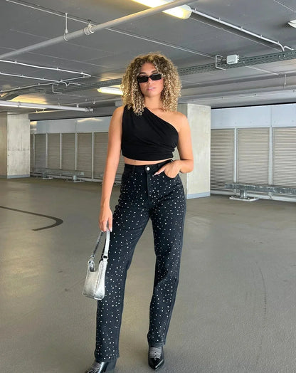 LUNA - Damesjeans met glitterdetail en hoge taille