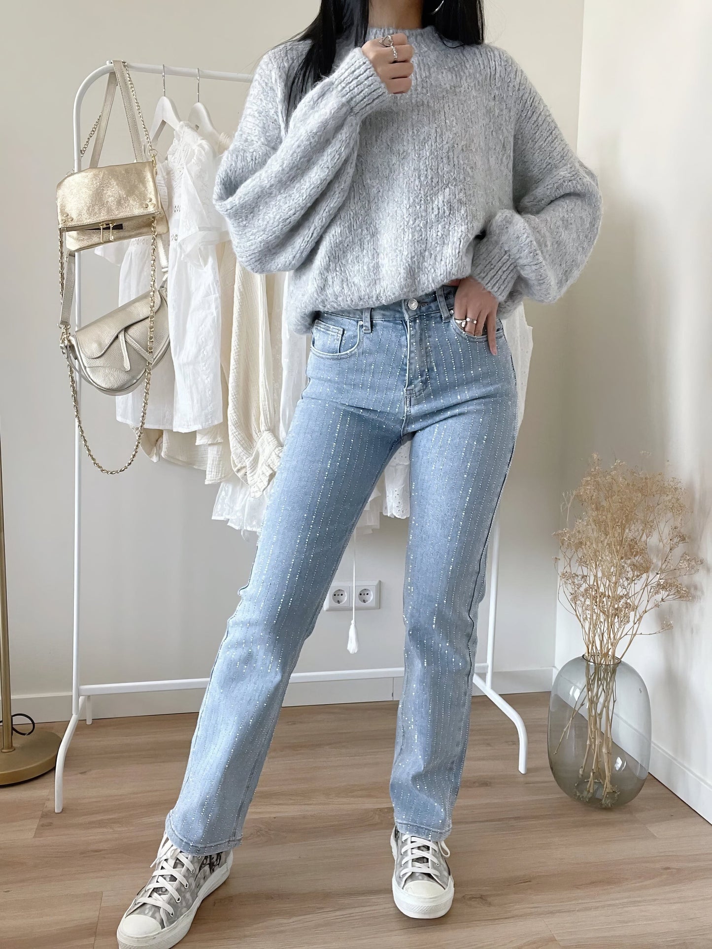 LUNA - Damesjeans met glitterdetail en hoge taille