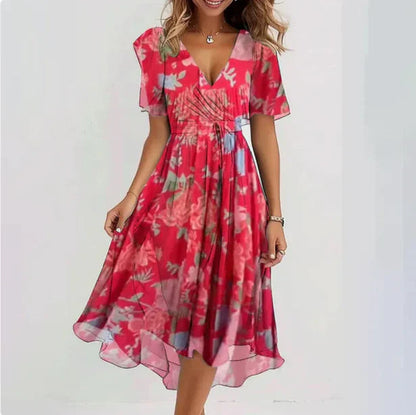 Chiffon Midi-jurk met V-hals en Korte Mouwen voor Dames – Aelora - Glamorix