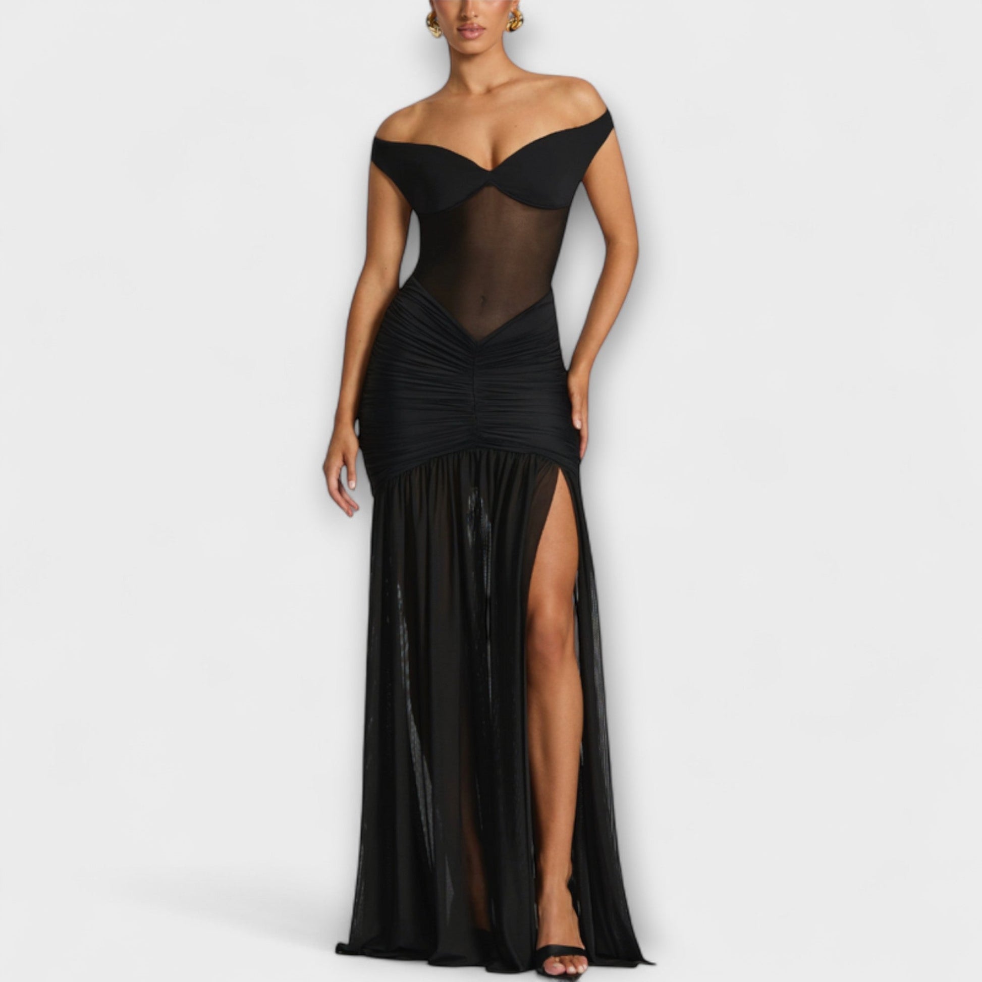 Elegante avondjurk met off-shoulder halslijn en hoge split – PRISAYA - Glamorix