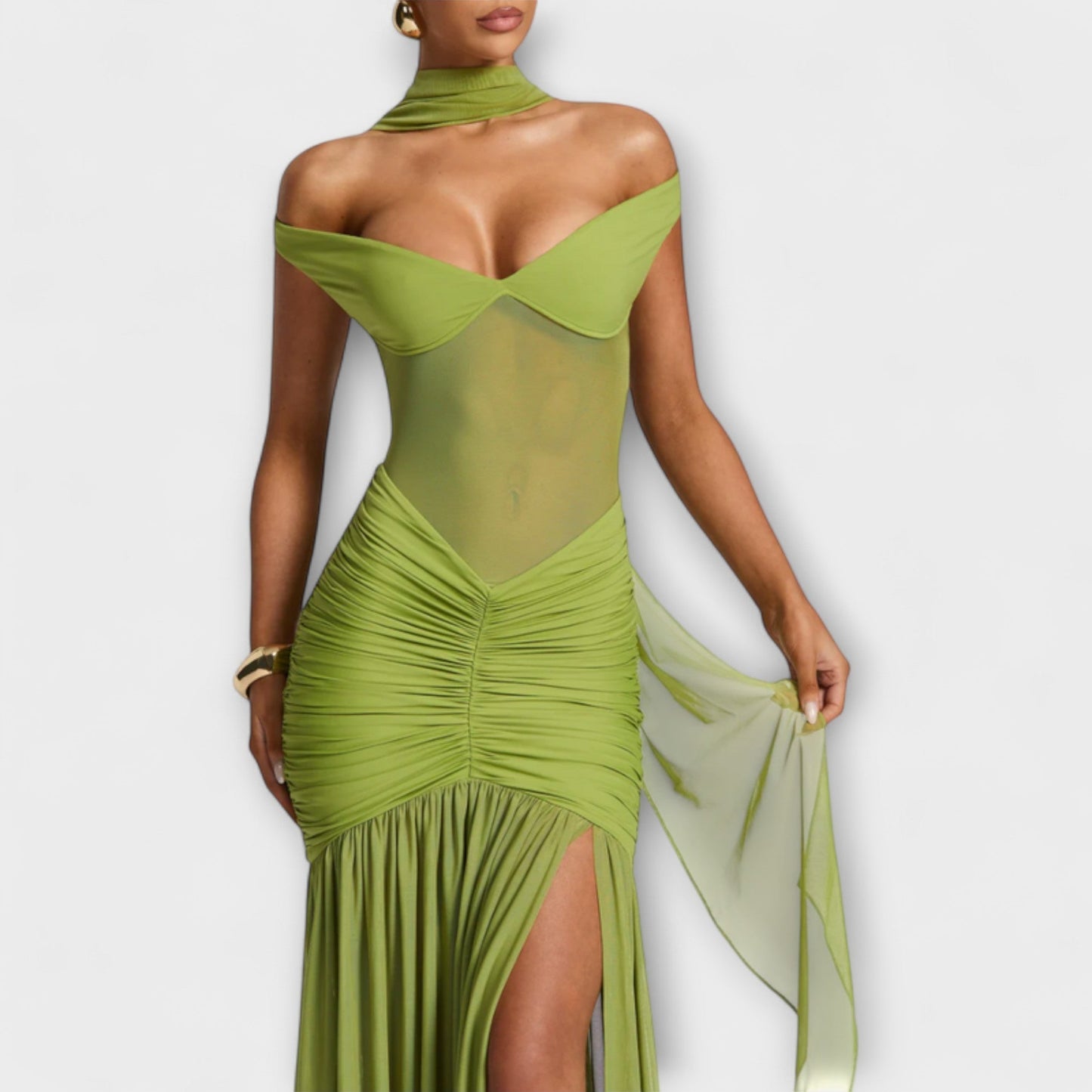 Elegante avondjurk met off-shoulder halslijn en hoge split – PRISAYA - Glamorix