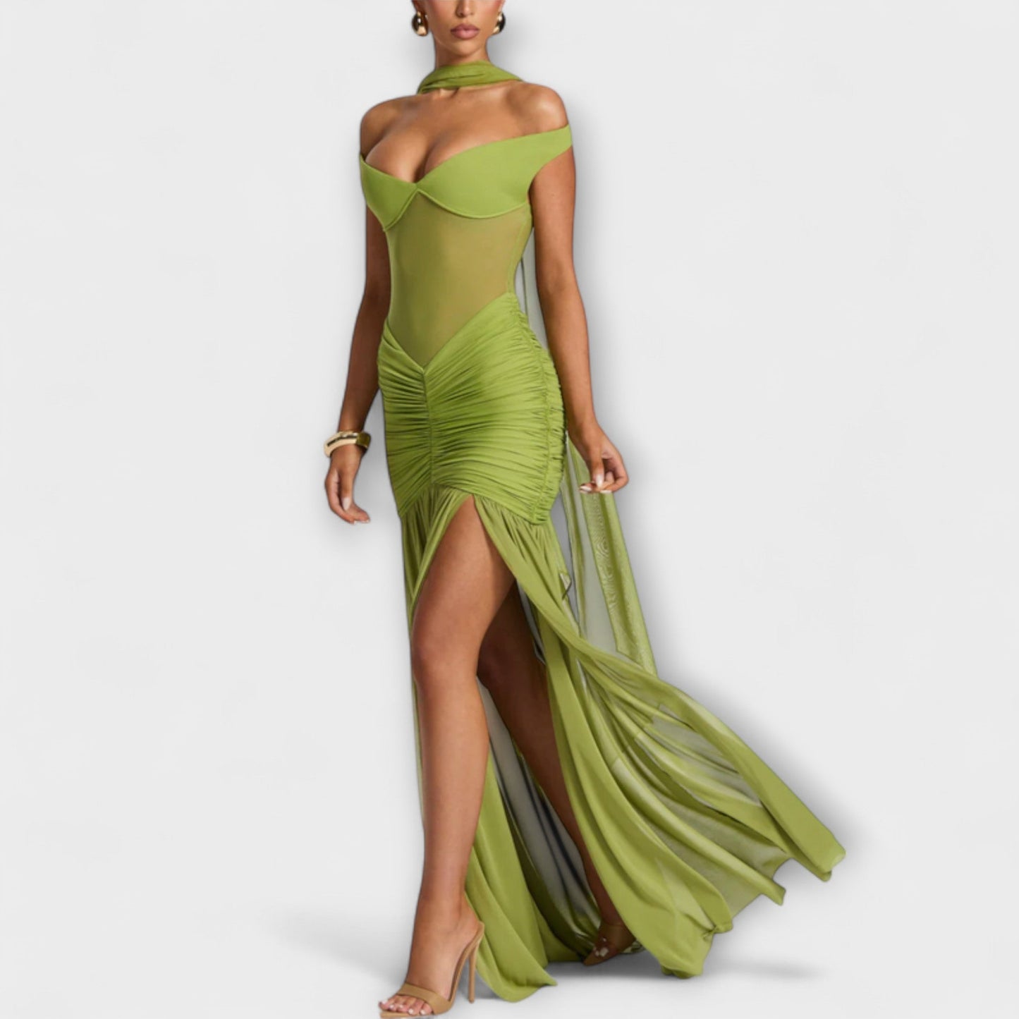 Elegante avondjurk met off-shoulder halslijn en hoge split – PRISAYA - Glamorix