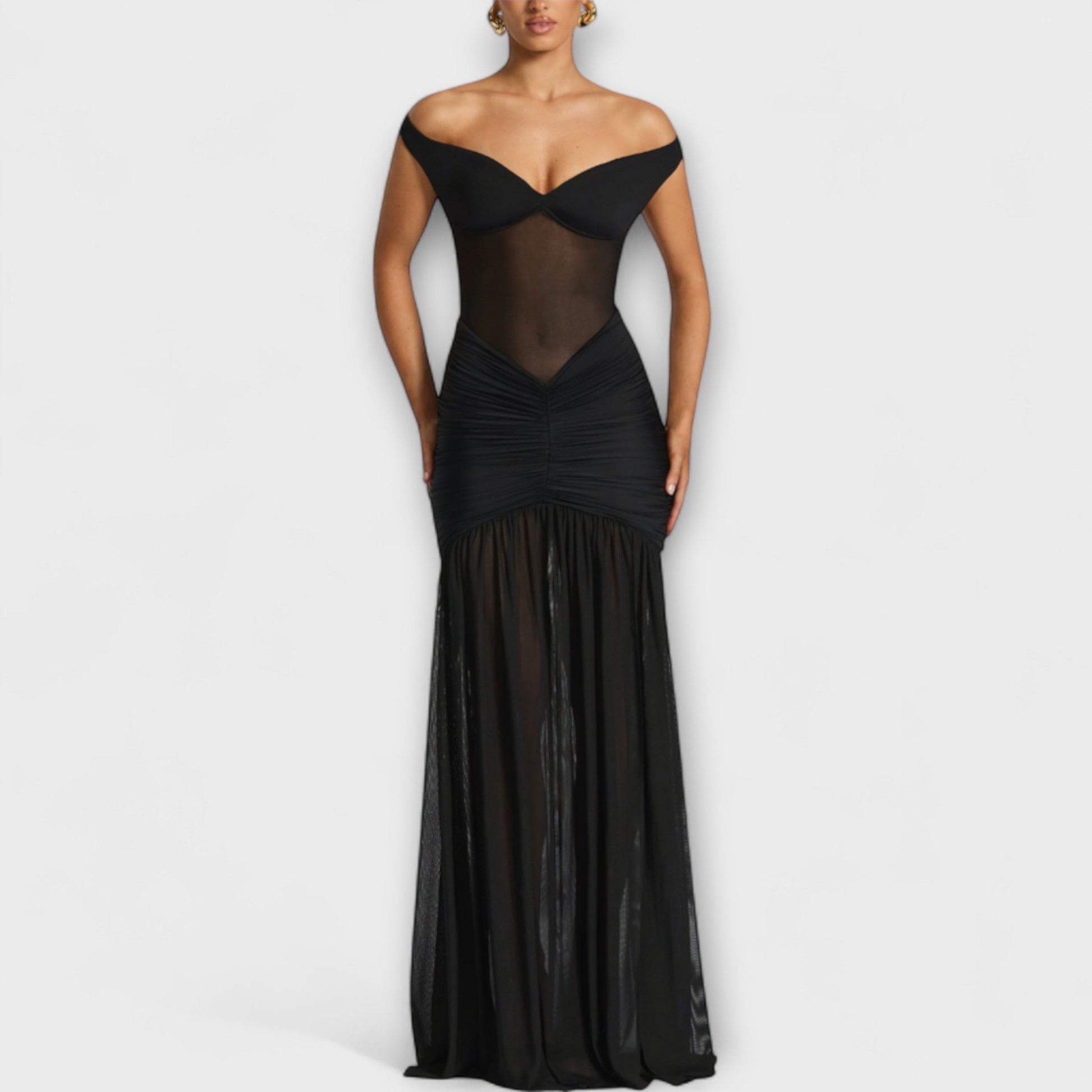 Elegante avondjurk met off-shoulder halslijn en hoge split – PRISAYA - Glamorix