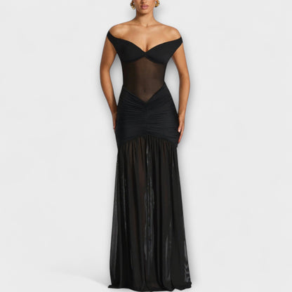 Elegante avondjurk met off-shoulder halslijn en hoge split – PRISAYA - Glamorix