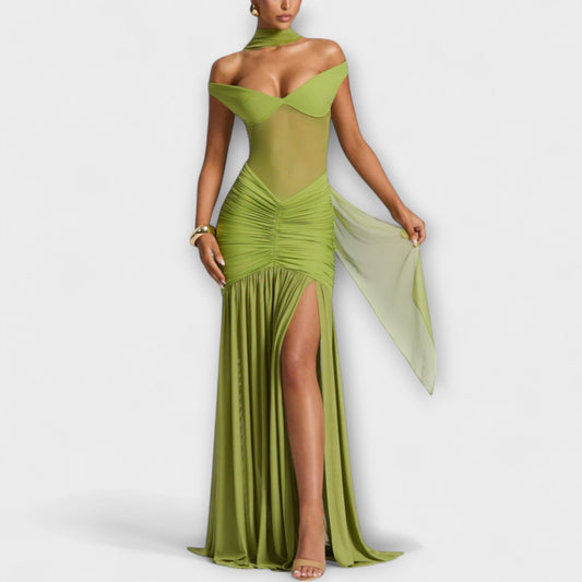 Elegante avondjurk met off-shoulder halslijn en hoge split – PRISAYA - Glamorix