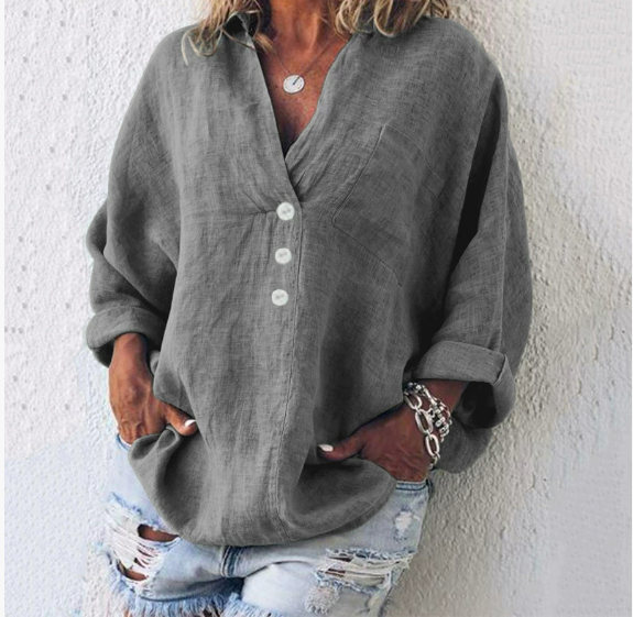 Oversized damesblouse met diepe knoopsluiting en lange mouwen – AYLIN DRAPE - Glamorix