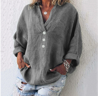 Oversized damesblouse met diepe knoopsluiting en lange mouwen – AYLIN DRAPE - Glamorix