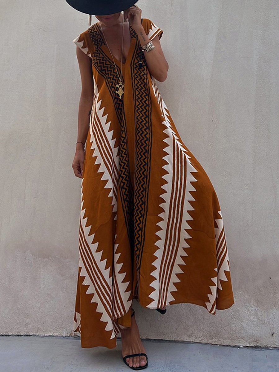 Luchtige maxi damesjurk met diepe V-hals en wijde mouwen – ALMA VIVA - Glamorix