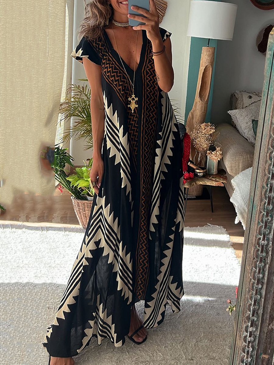 Luchtige maxi damesjurk met diepe V-hals en wijde mouwen – ALMA VIVA - Glamorix