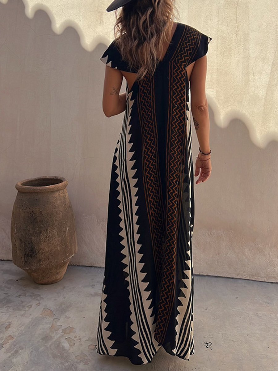 Luchtige maxi damesjurk met diepe V-hals en wijde mouwen – ALMA VIVA - Glamorix
