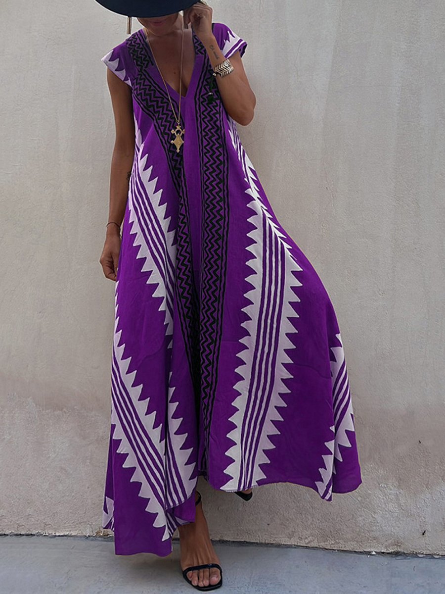 Luchtige maxi damesjurk met diepe V-hals en wijde mouwen – ALMA VIVA - Glamorix