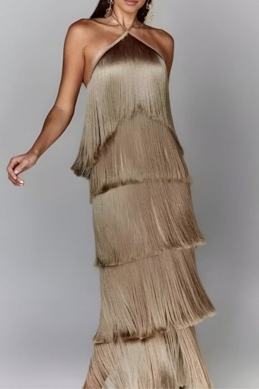 SERENA - Maxi-jurk met lagen franjes en halternek