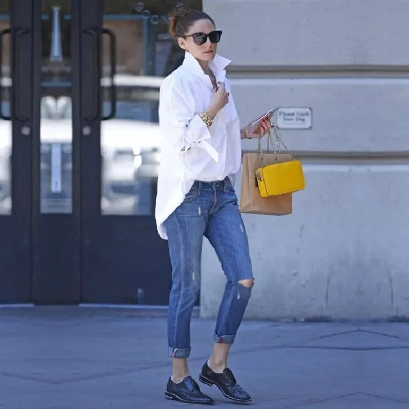 Oversized damesoverhemd met lange achterkant en moderne pasvorm – LIVIA DRAPE - Glamorix