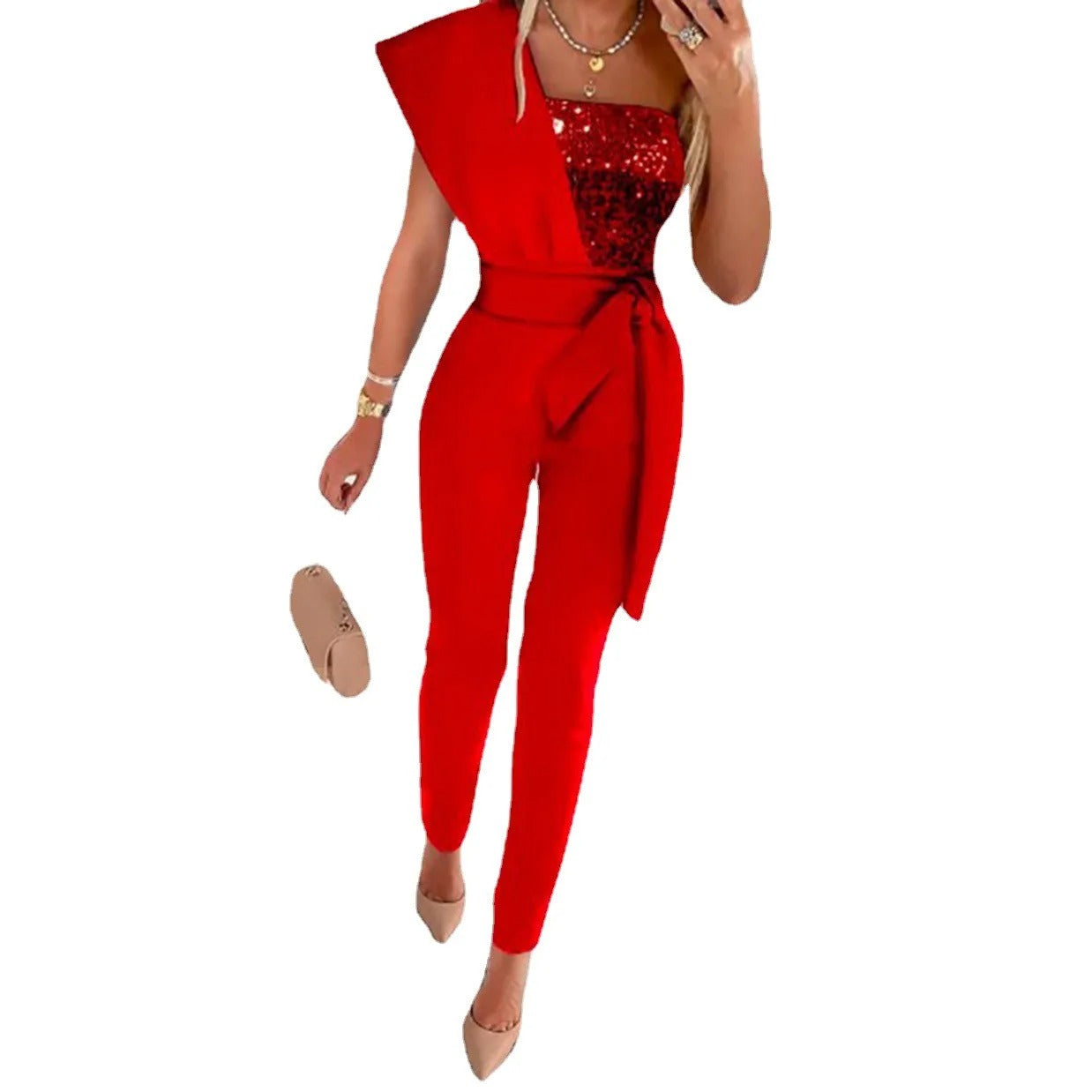 Glamoureuze glitter jumpsuit met asymmetrische schouder – LunariaGlam - Glamorix