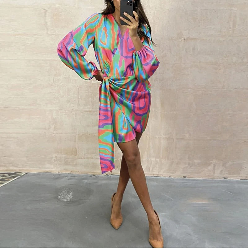 Dames overslagjurk met lange mouwen en tailleband – MIREILLE WRAP - Glamorix