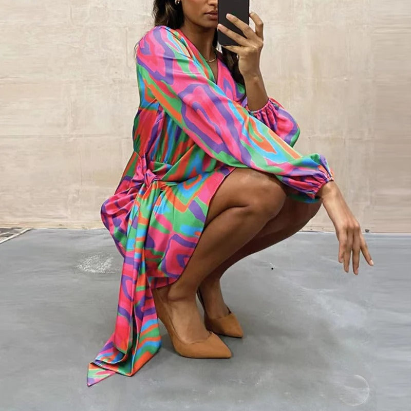 Dames overslagjurk met lange mouwen en tailleband – MIREILLE WRAP - Glamorix