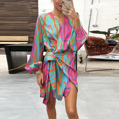 Dames overslagjurk met lange mouwen en tailleband – MIREILLE WRAP - Glamorix