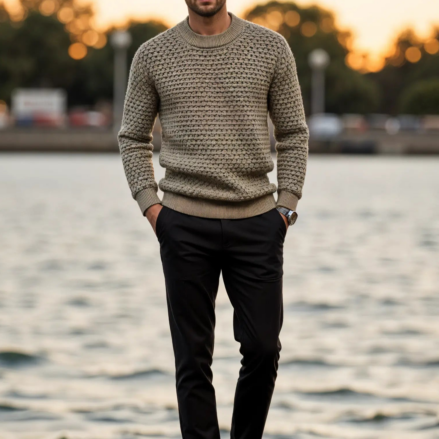 Gebreide heren trui met structuur en ronde hals – LERION - Glamorix