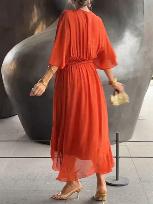 Midi overslagjurk met V-hals en strikceintuur voor dames – LINA WRAP - Glamorix