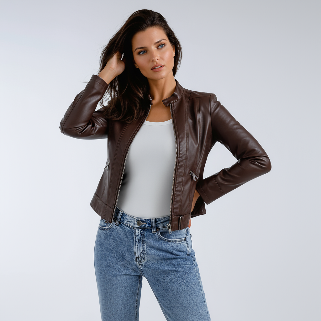 REINA – Dames leren biker jas met ritsdetails - Glamorix