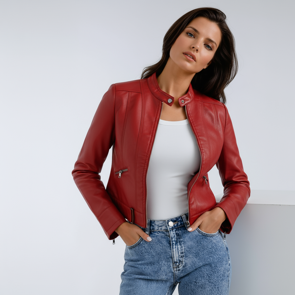 REINA – Dames leren biker jas met ritsdetails - Glamorix