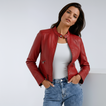 REINA – Dames leren biker jas met ritsdetails - Glamorix