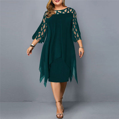 SOPHIA - Asymmetrische gelaagde midi-jurk met transparante mouwen