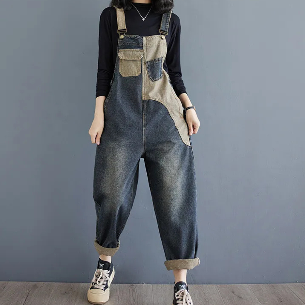 LOU - Vintage denim patchwork tuinbroek voor dames