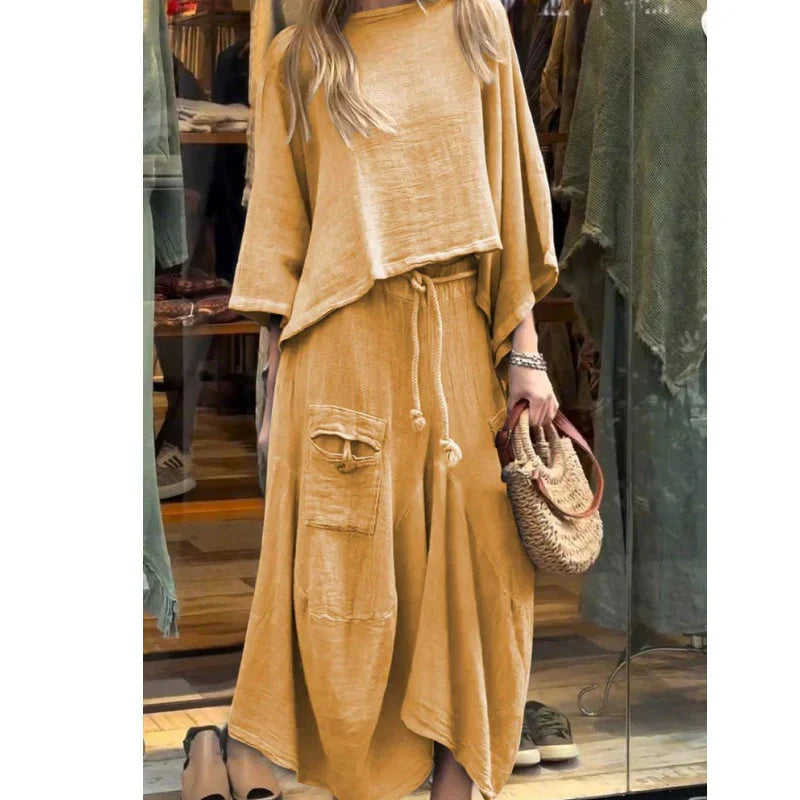 Comfortabel Damesensemble met Losse Top en Elegante Midi Broekrok - MIRA LOUNGE - Glamorix