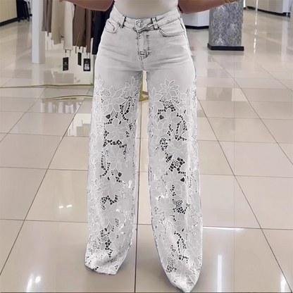 Transparante damesjeans met bloemmotief en rechte pijpen – LORENZA FLORAL MESH - Glamorix