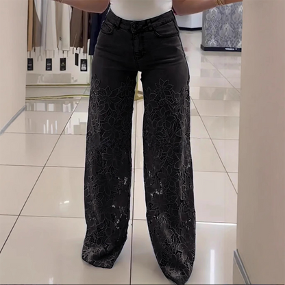 Transparante damesjeans met bloemmotief en rechte pijpen – LORENZA FLORAL MESH - Glamorix