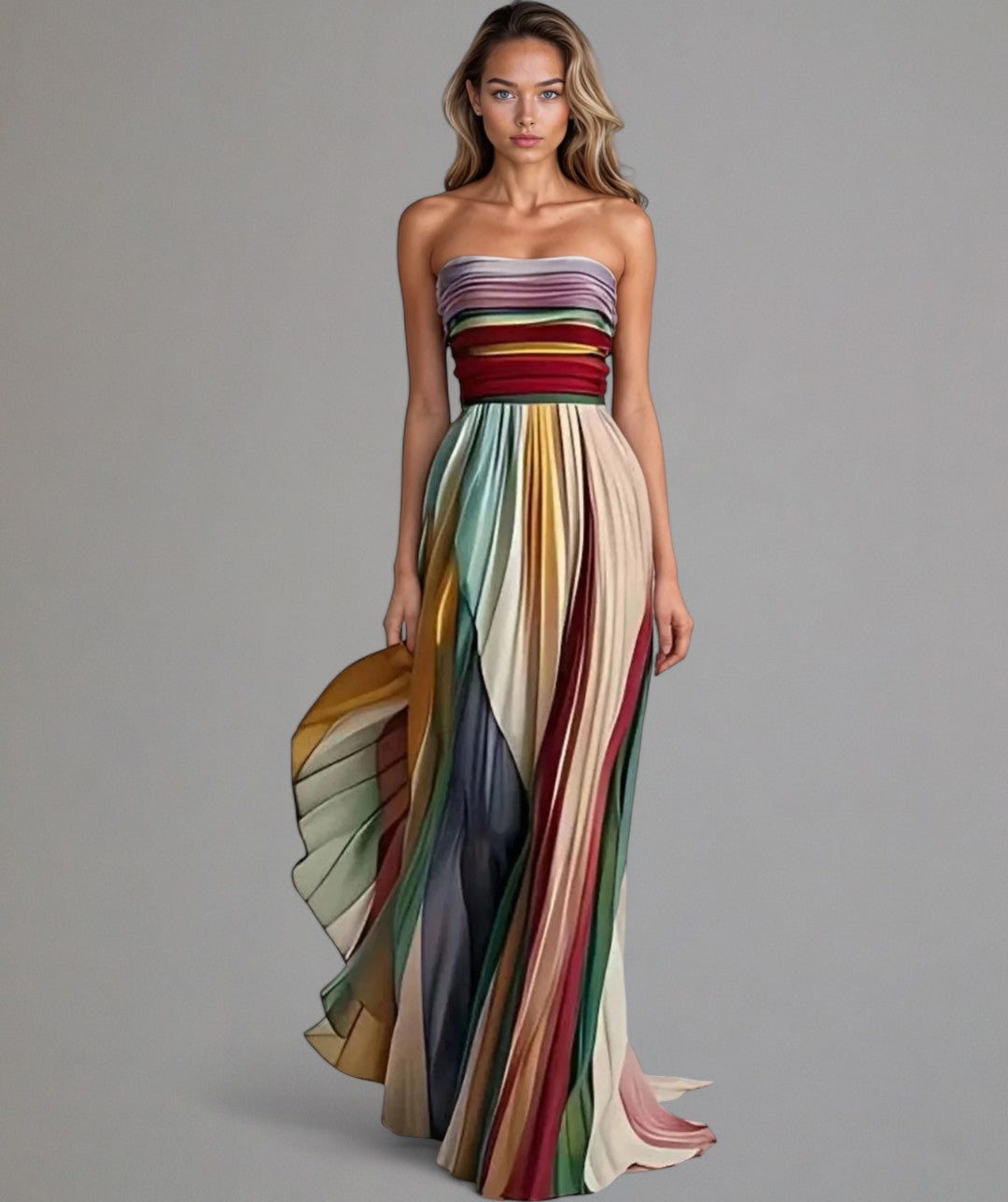 Strapless plissé zomerjurk met speelse kleurbanen – LUNEA STRIPE - Glamorix