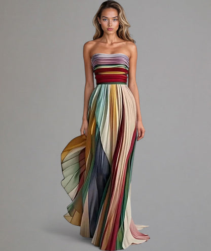 Strapless plissé zomerjurk met speelse kleurbanen – LUNEA STRIPE - Glamorix