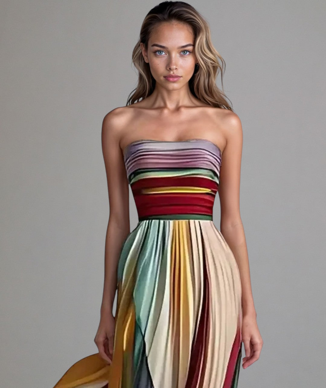 Strapless plissé zomerjurk met speelse kleurbanen – LUNEA STRIPE - Glamorix