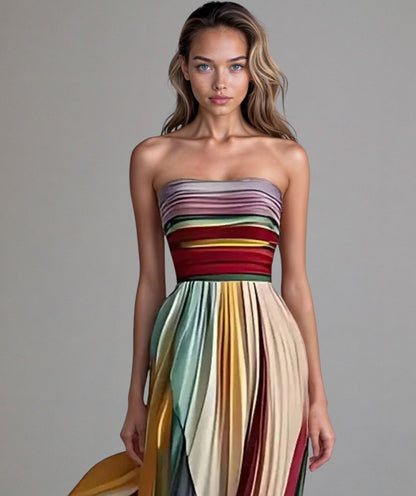 Strapless plissé zomerjurk met speelse kleurbanen – LUNEA STRIPE - Glamorix