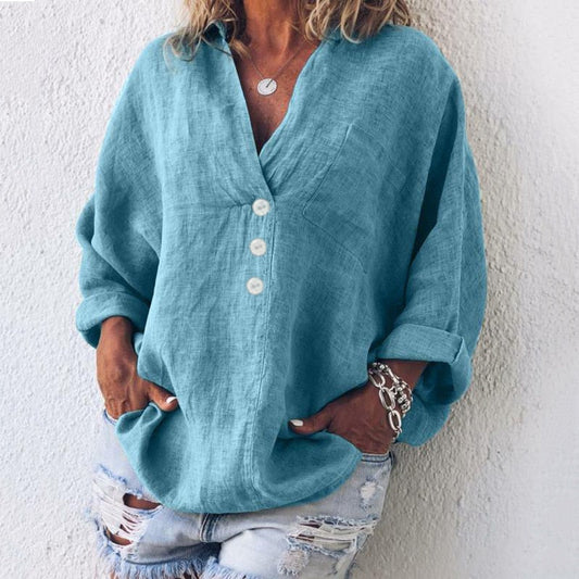 Oversized damesblouse met diepe knoopsluiting en lange mouwen – AYLIN DRAPE - Glamorix