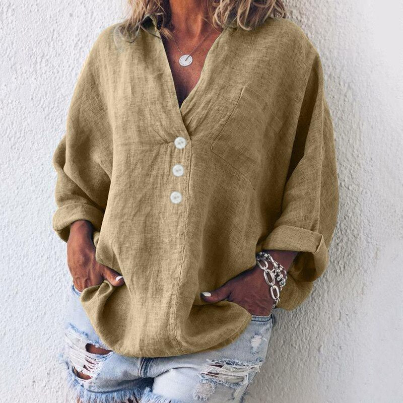 Oversized damesblouse met diepe knoopsluiting en lange mouwen – AYLIN DRAPE - Glamorix