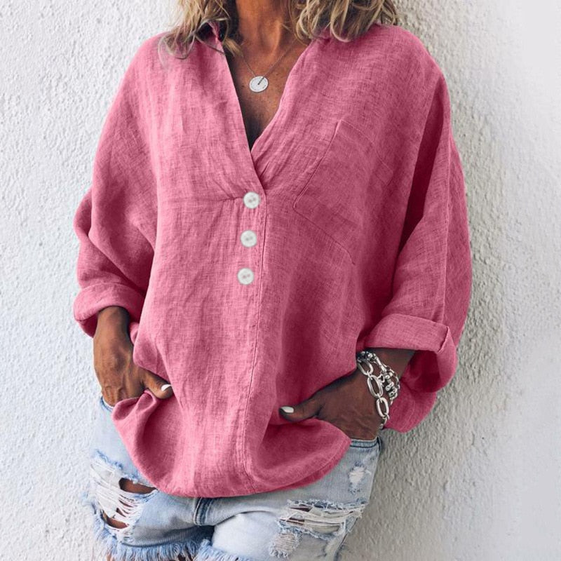 Oversized damesblouse met diepe knoopsluiting en lange mouwen – AYLIN DRAPE - Glamorix