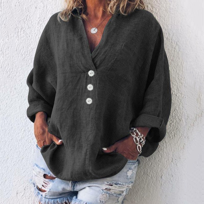 Oversized damesblouse met diepe knoopsluiting en lange mouwen – AYLIN DRAPE - Glamorix