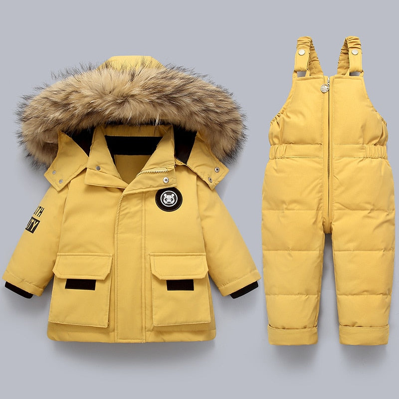 LUKA - Conjunto de invierno para niños con capucha de piel sintética y mono de esquí para niños y niñas - Glamorix