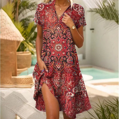 Dames - Zomerjurk - Luchtige Pasvorm - V-hals - Boho Stijl - Glamorix