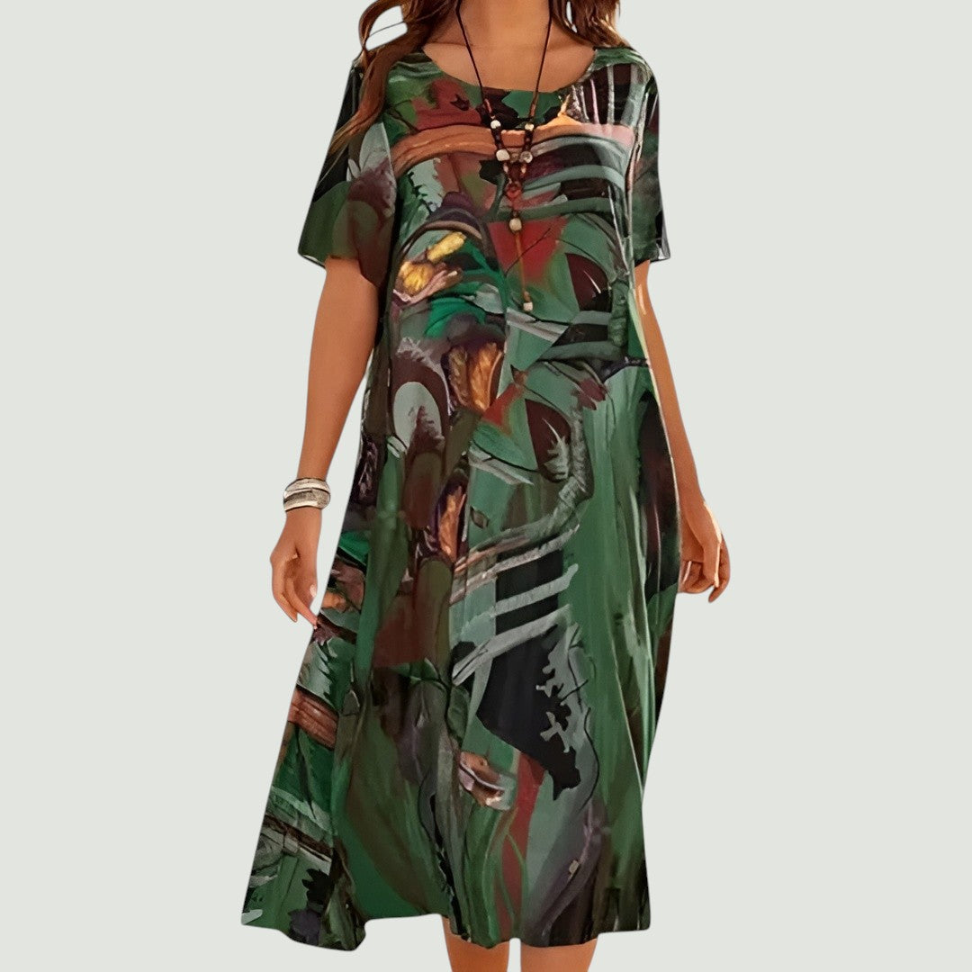 Losvallende dames midi-jurk met korte mouwen – HONAYA - Glamorix